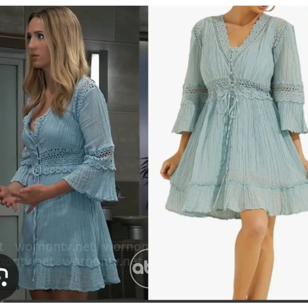 5582)As Worn on TV Guess Reya Crinkle Gauze Boho 3/4 Sleeve Blue Mini Dress S